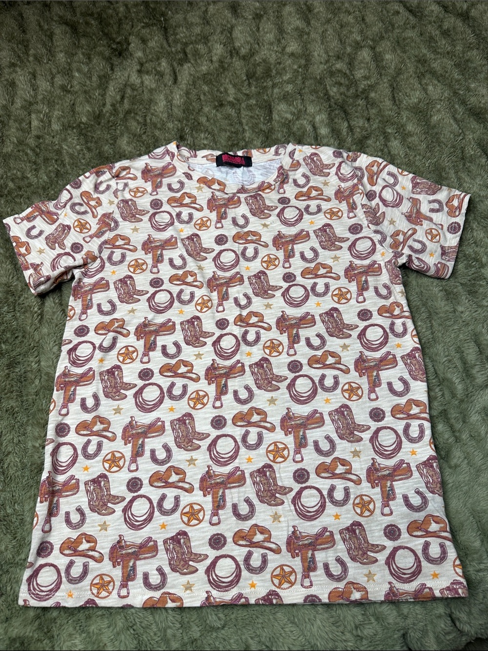Women's Western-Print Short Sleeve Tee in Cream and Brown